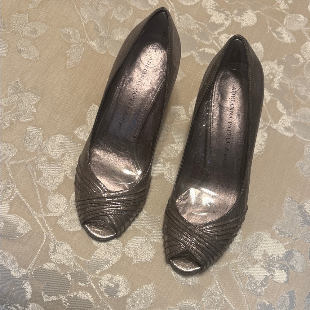Adrianna Papell Metallic Silver Peep-Toe Heels